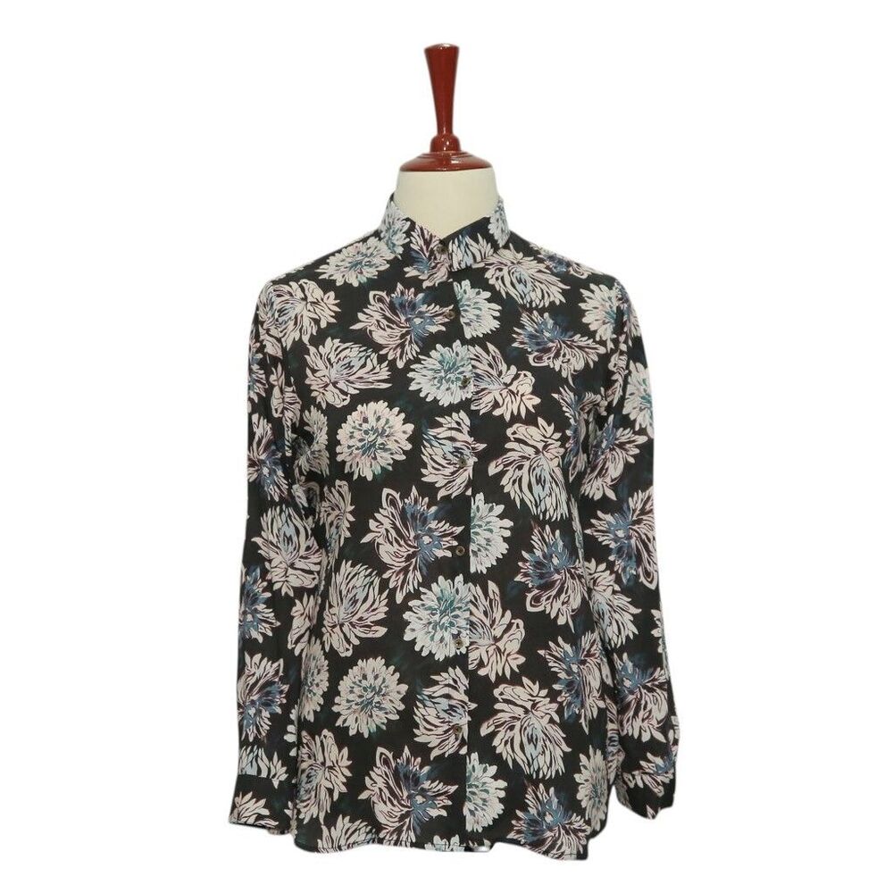 Womens Floral Shirt Black Pink Blue Blouse Button Up Dressy Top Medium Work